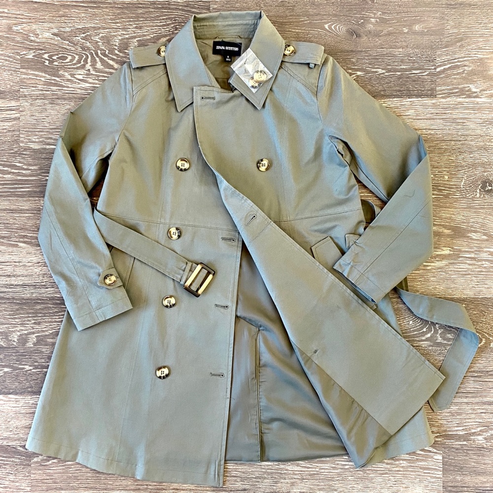 Double Breasted Trench Coat- Olive- Various Sizes - Picture 3 of 9
